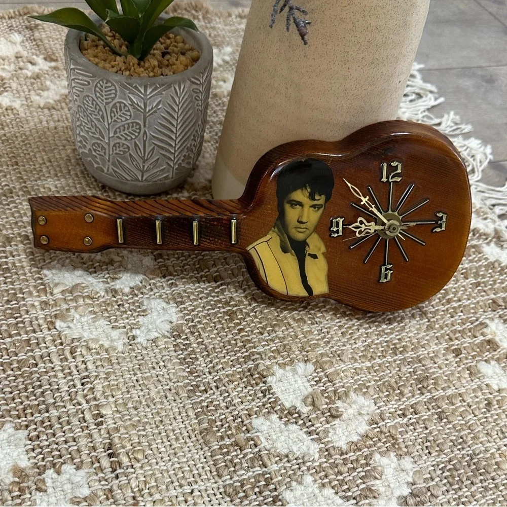 Vintage Elvis Presley Lacquered Wood Working Guitar Shaped Wall Clock